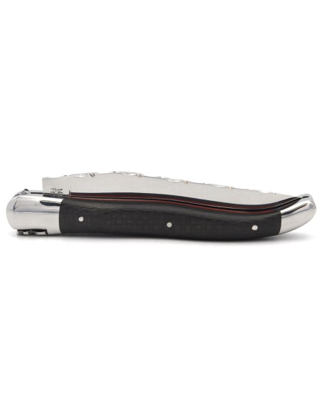 Laguiole knife, carbon fiber & red spacer handle, blade chiselled