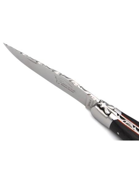 Laguiole 12 cm en fibre de carbone & intercalaire rouge, dos de lame ciselé