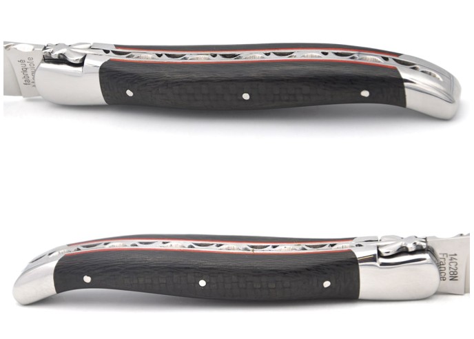 Laguiole knife, carbon fiber & red spacer handle, blade chiselled