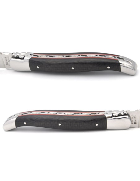 Laguiole knife, carbon fiber & red spacer handle, blade chiselled