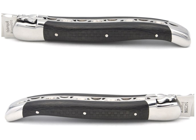 Laguiole 12 cm, geflochtener Karbonfaser, Klingenrücken ziseliert