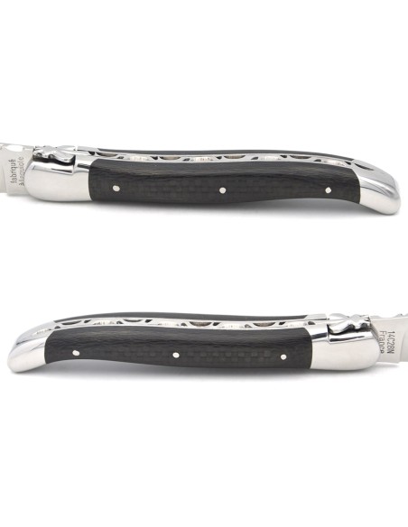 Laguiole 12 cm, braided carbon fiber handle, back of the blade chiselled