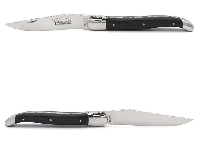 Laguiole 12 cm, braided carbon fiber handle, back of the blade chiselled