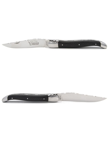 Laguiole 12 cm en fibre de carbone tressé, dos de lame entier ciselé
