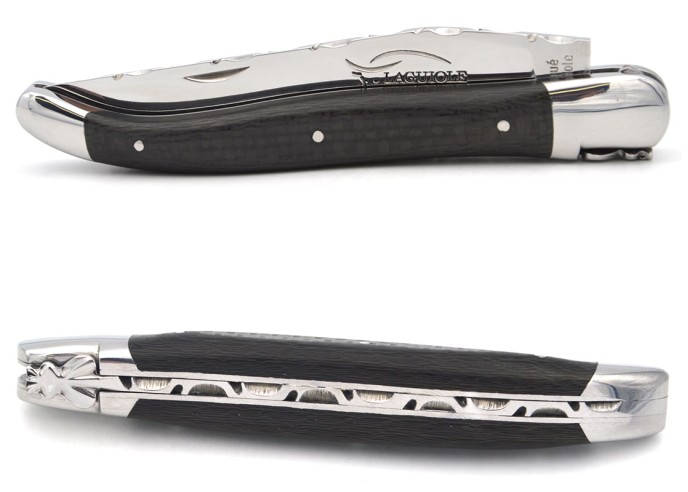 Laguiole 12 cm, braided carbon fiber handle, back of the blade chiselled