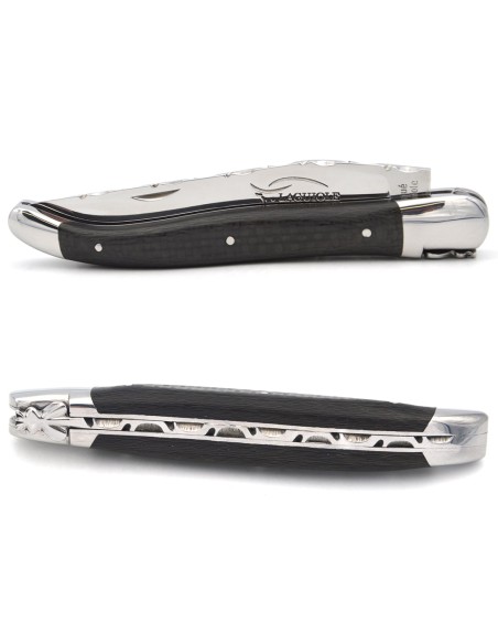 Laguiole 12 cm, braided carbon fiber handle, back of the blade chiselled