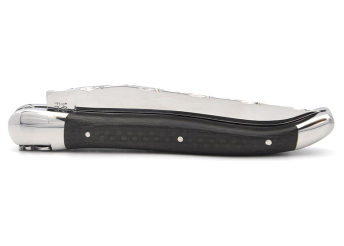 Laguiole 12 cm, geflochtener Karbonfaser, Klingenrücken ziseliert