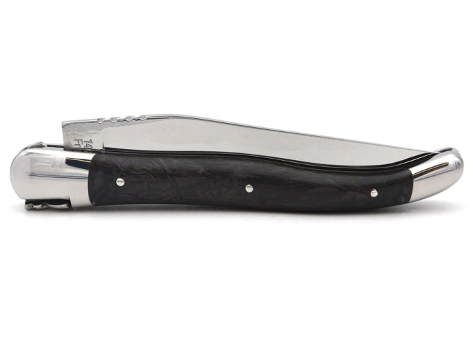 Laguiole pliant 12 cm, manche en fibre de carbone forgé, abeille forgée