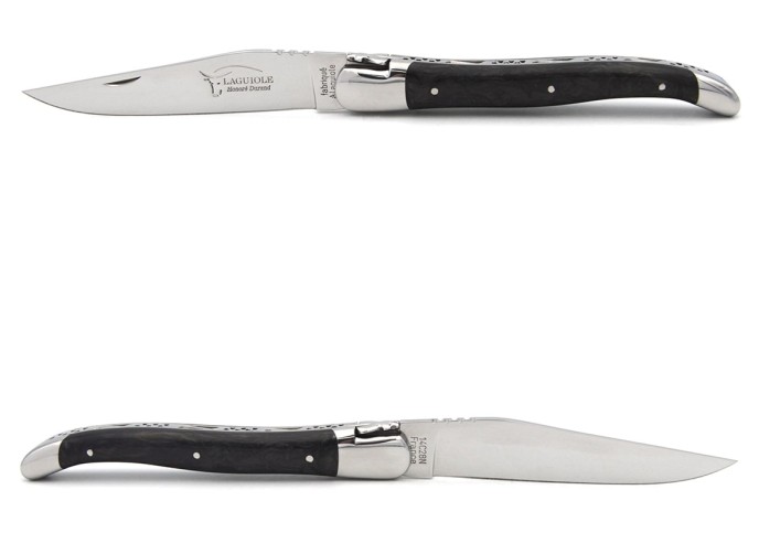 Laguiole pliant 12 cm, manche en fibre de carbone forgé, abeille forgée