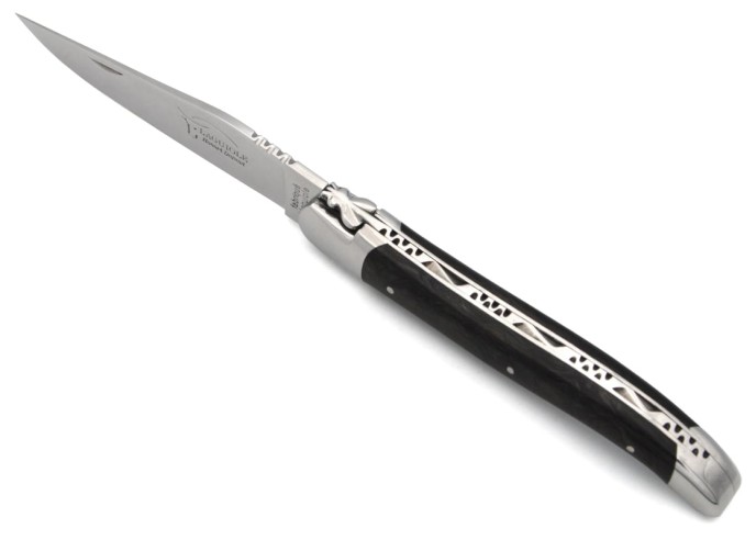 Laguiole pliant 12 cm, manche en fibre de carbone forgé, abeille forgée