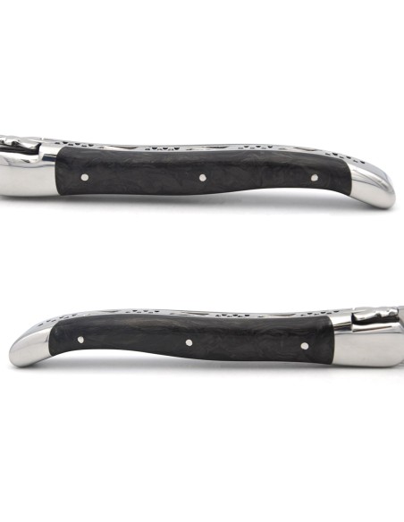 Laguiole pliant 12 cm, manche en fibre de carbone forgé, abeille forgée