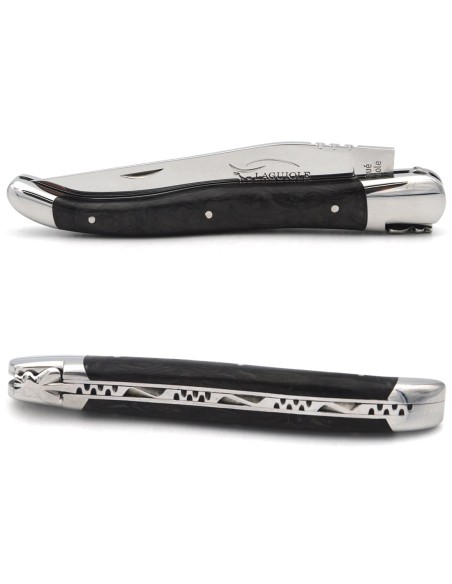 Laguiole pliant 12 cm, manche en fibre de carbone forgé, abeille forgée