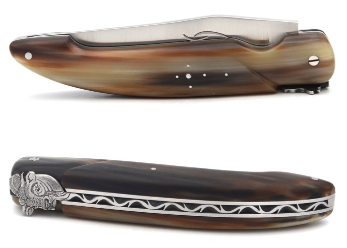 Laguiole Honoré Durand, modèle Chasse, plein manche inox mat, pointe de corne foncee