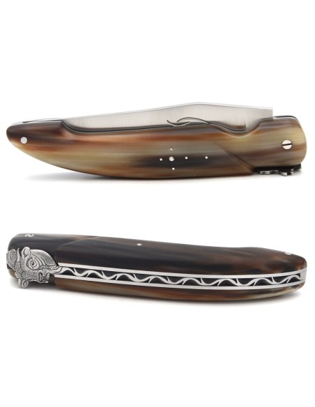 Laguiole Honoré Durand, modèle Chasse, plein manche inox mat, pointe de corne foncee