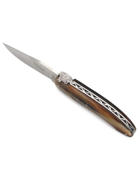 Laguiole Honoré Durand, modèle Chasse, plein manche inox mat, pointe de corne foncee