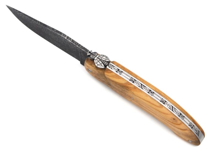 Laguiole-Jagdmesser 13.5 cm, Damastklinge Federmotiv, Olivenholz