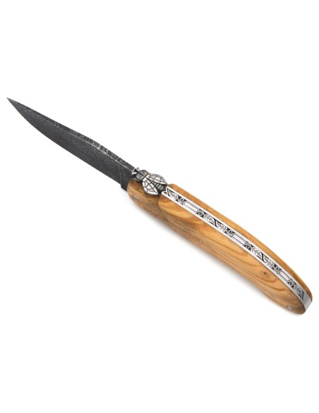 Laguiole hunting knife 13.5 cm, feather damascus steel blade, olive wood