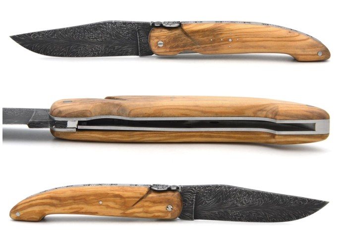 Laguiole hunting knife 13.5 cm, feather damascus steel blade, olive wood
