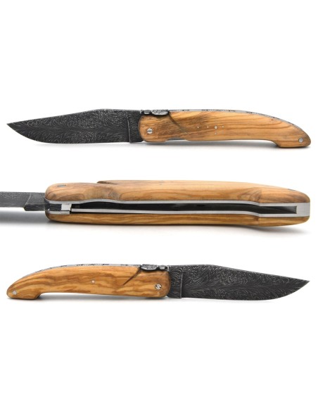 Laguiole de Chasse 13.5 cm, lame damas plume, manche en olivier