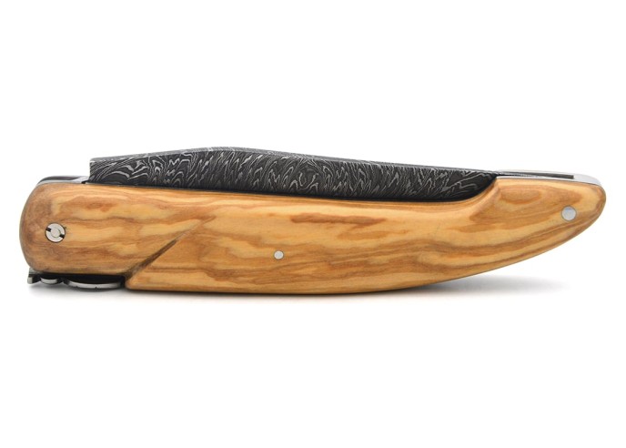 Laguiole-Jagdmesser 13.5 cm, Damastklinge Federmotiv, Olivenholz