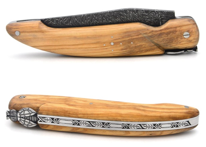 Laguiole-Jagdmesser 13.5 cm, Damastklinge Federmotiv, Olivenholz