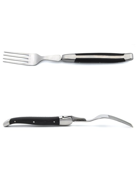 Laguiole forks with matt stainless steel bolsters. Wide pale horn tip handles