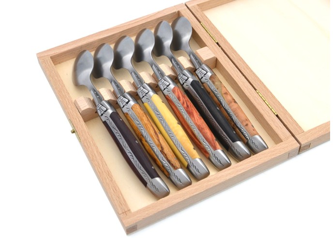 Laguiole teaspoons, wide various wood handles with matt bolsters