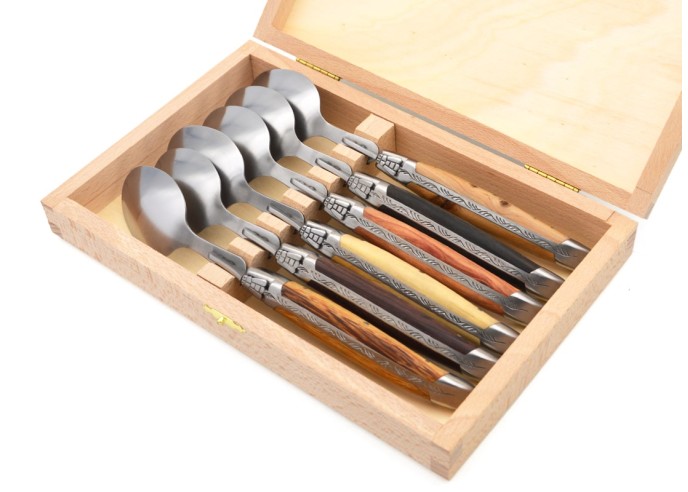 Laguiole soup spoon, wide various wood handles with matt bolsters