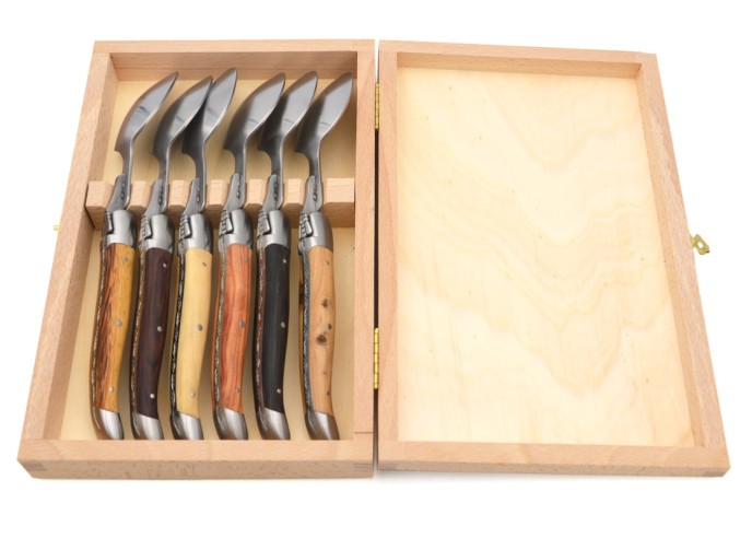 Laguiole soup spoon, wide various wood handles with matt bolsters