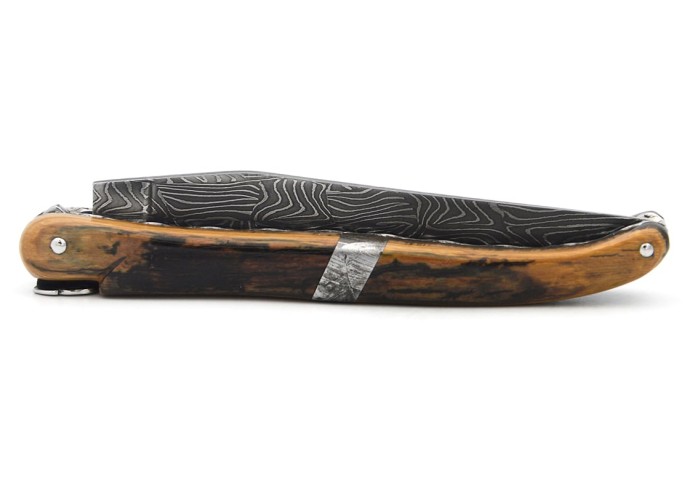 Laguiole 12cm, mitre centrale en météorite, lame Damas mosaïque