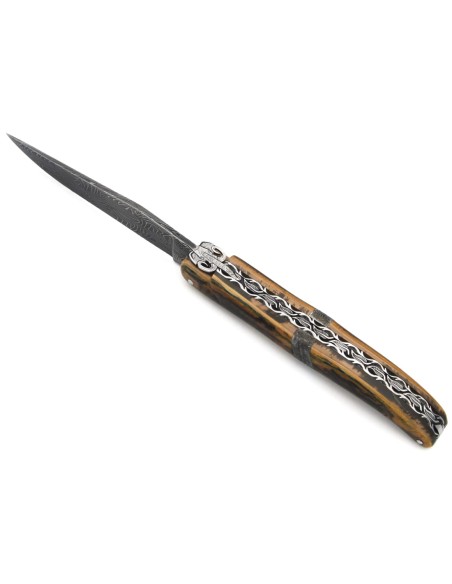 Laguiole Klappmesser 12 cm, zentraler Heftbacke aus Meteorit, Damast Mosaikklinge mit einem Griff aus Mammutelfenbein