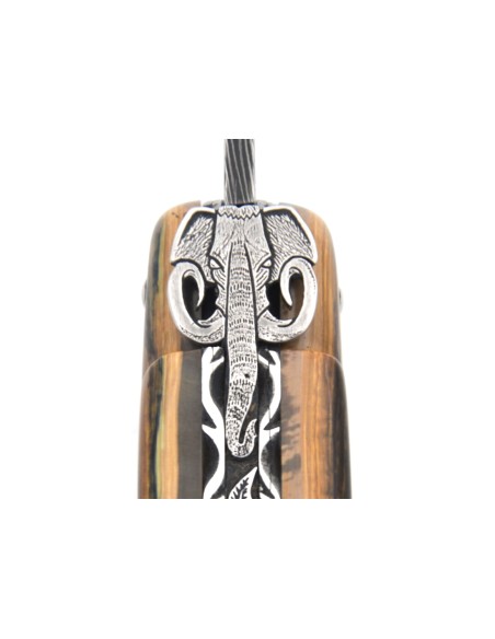 Laguiole folding knife 12 cm, central bolster in meteorite, Damascus mosaic blade with a mammoth ivory handle
