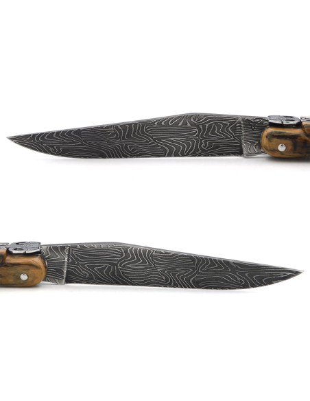 Laguiole 12cm, mitre centrale en météorite, lame Damas mosaïque