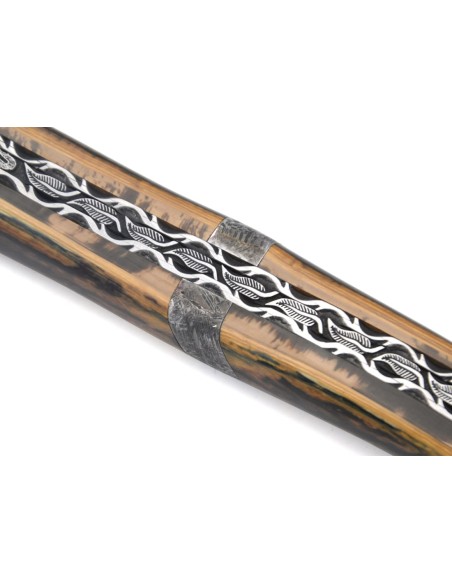 Laguiole Klappmesser 12 cm, zentraler Heftbacke aus Meteorit, Damast Mosaikklinge mit einem Griff aus Mammutelfenbein