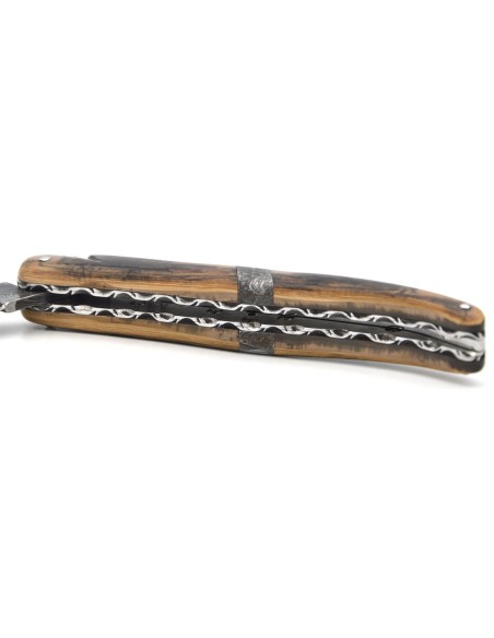 Laguiole Klappmesser 12 cm, zentraler Heftbacke aus Meteorit, Damast Mosaikklinge mit einem Griff aus Mammutelfenbein