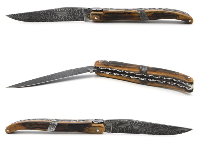 Laguiole Klappmesser 12 cm, zentraler Heftbacke aus Meteorit, Damast Mosaikklinge mit einem Griff aus Mammutelfenbein