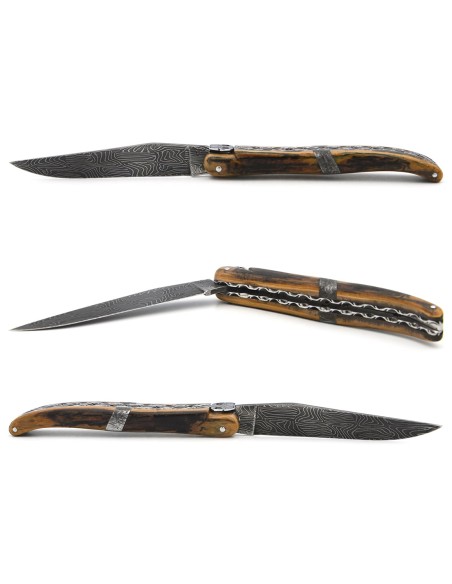Laguiole folding knife 12 cm, central bolster in meteorite, Damascus mosaic blade with a mammoth ivory handle