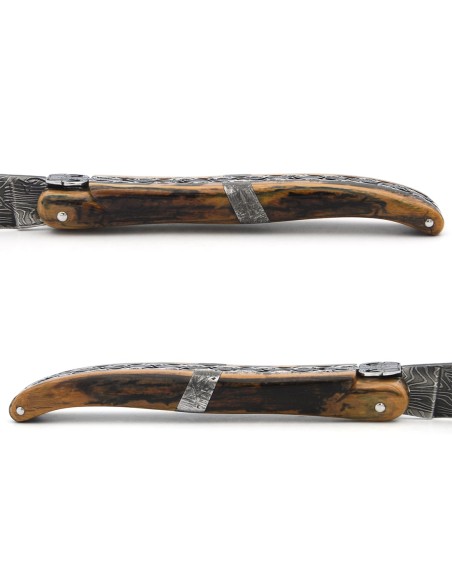 Laguiole Klappmesser 12 cm, zentraler Heftbacke aus Meteorit, Damast Mosaikklinge mit einem Griff aus Mammutelfenbein