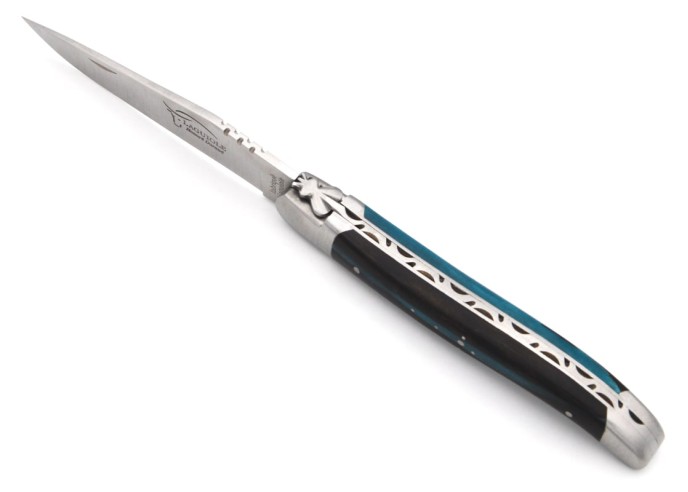 Laguiole pliant 12 cm, manche MBR - Ebène / Résine bleue