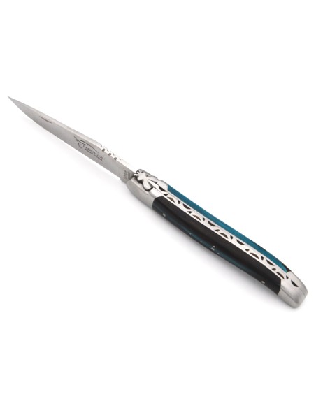 Laguiole pliant 12 cm, manche MBR - Ebène / Résine bleue
