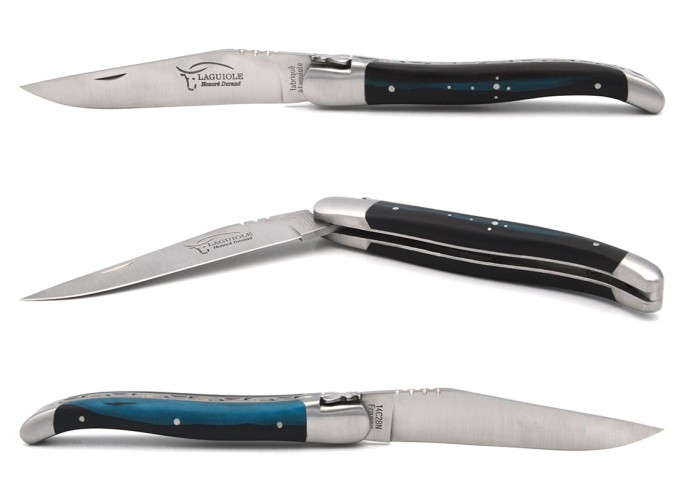 Laguiole pliant 12 cm, manche MBR - Ebène / Résine bleue
