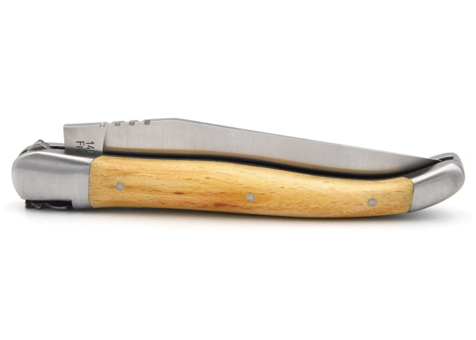 Laguiole-Messer mit Label Geografische Angabe, 12 cm Griff aus Aubrac-Buchenholz, einzelne Klinge, mattes Edelstahl-Finish