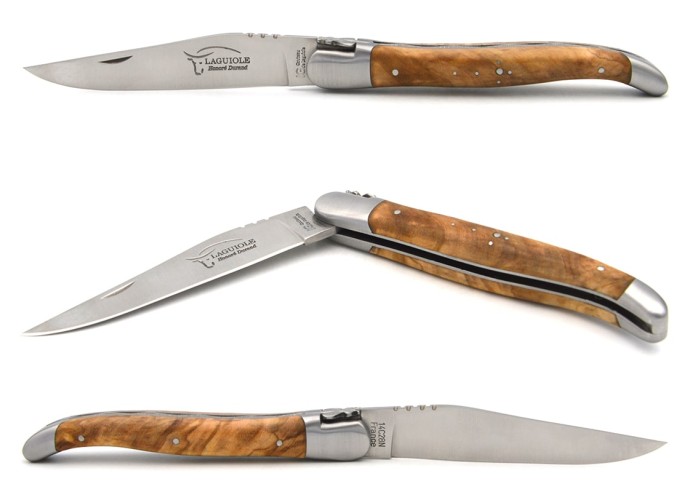 Laguiole-Messer mit Label Geografische Angabe, 12 cm Griff aus Olivenholz, einzelne Klinge, mattes Edelstahl-Finish