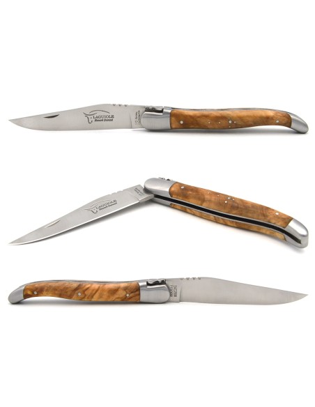 Couteau de Laguiole labellisé indication géographique en olivier, manche de 12 cm, lame seule, finition inox mat