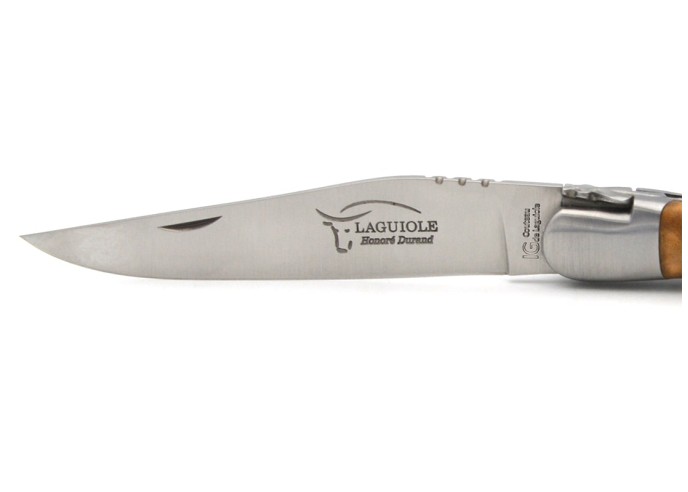 Laguiole knife with Geographical Indication label, 12 cm olive wood handle, blade only, matt stainless steel finish
