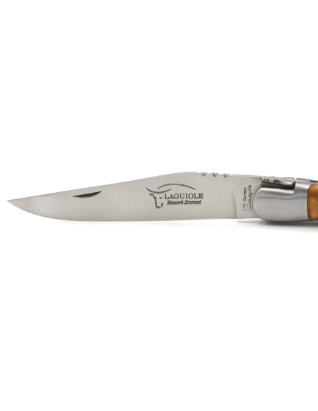 Laguiole knife with Geographical Indication label, 12 cm olive wood handle, blade only, matt stainless steel finish