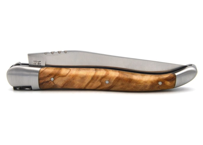 Laguiole knife with Geographical Indication label, 12 cm olive wood handle, blade only, matt stainless steel finish