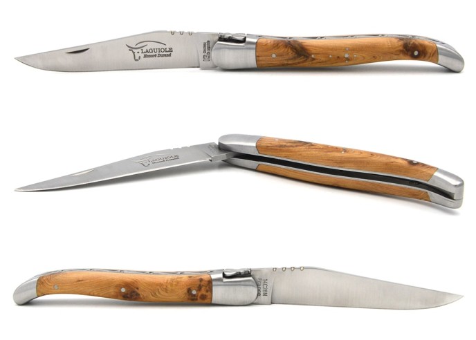 Laguiole-Messer mit Label Geografische Angabe, 12 cm Griff aus Wacholderholz, einzelne Klinge, mattes Edelstahl-Finish