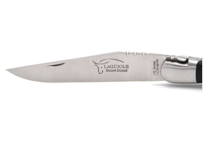 Laguiole knife with Geographical Indication label, 12 cm dark horn tip handle, blade only, matt stainless steel finish