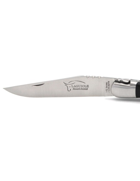 Laguiole-Messer mit Label Geografische Angabe, 12 cm Griff aus Hornspitze (dunkel), einzelne Klinge, mattes Edelstahl-Finish